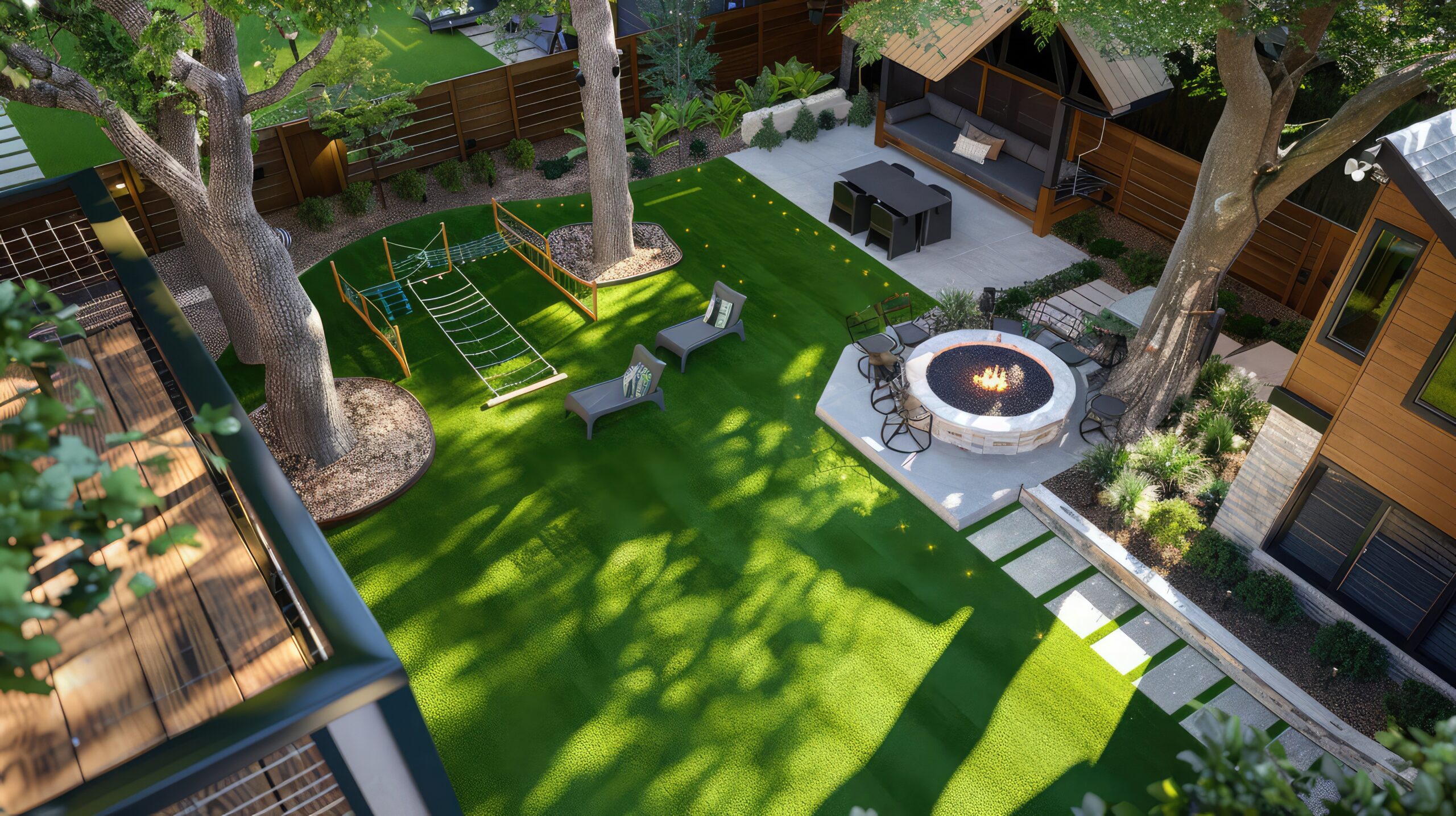 A backyard with a fire pit and grass.